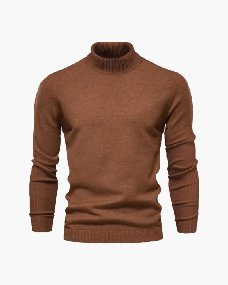 Men's Slim Roll Neck Jumper in a Fine Smooth Knit - Brown