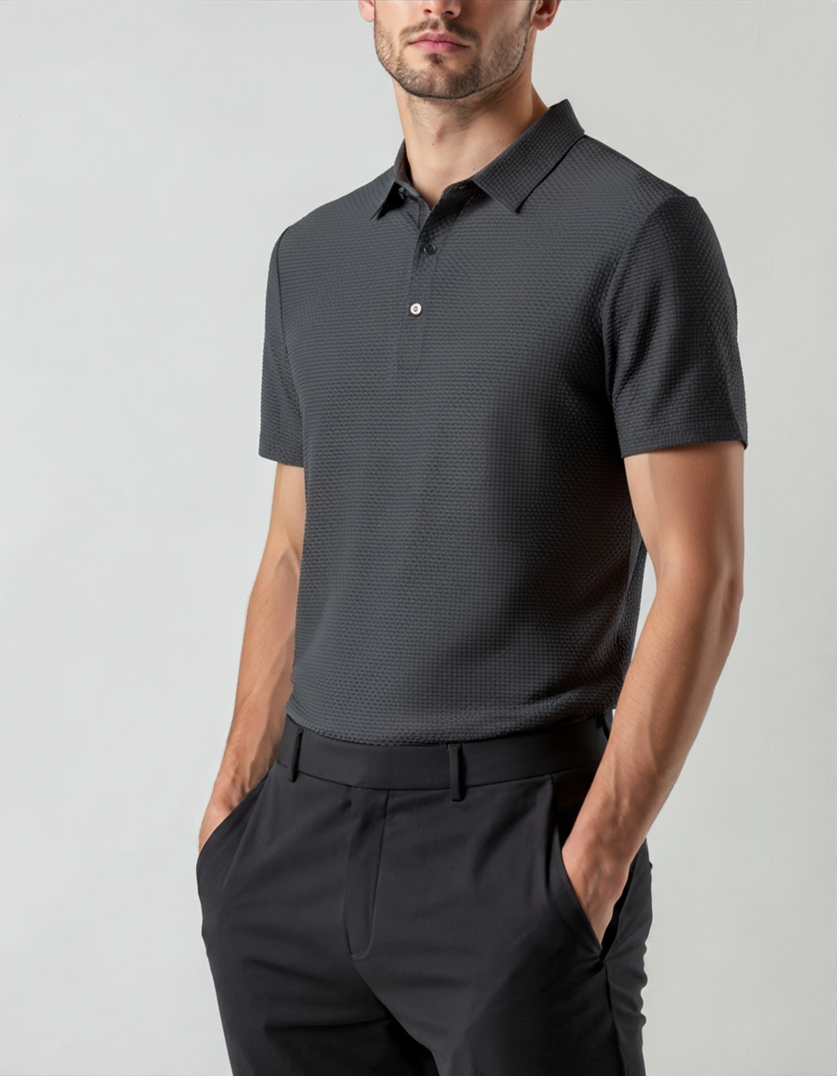 Men's Smooth Short Sleeve Polo with Two-Button Placket - Black