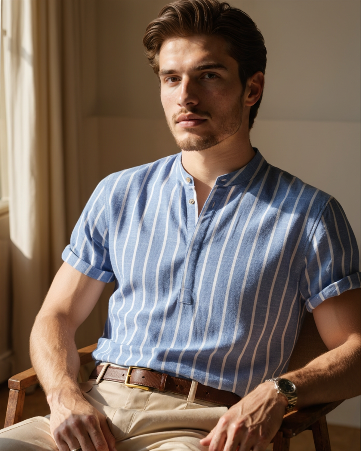 Men's Striped Band Collar Polo Shirt with Short Sleeves