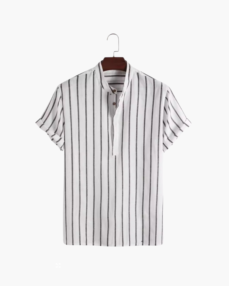 Men's Striped Band Collar Polo Shirt with Short Sleeves - White