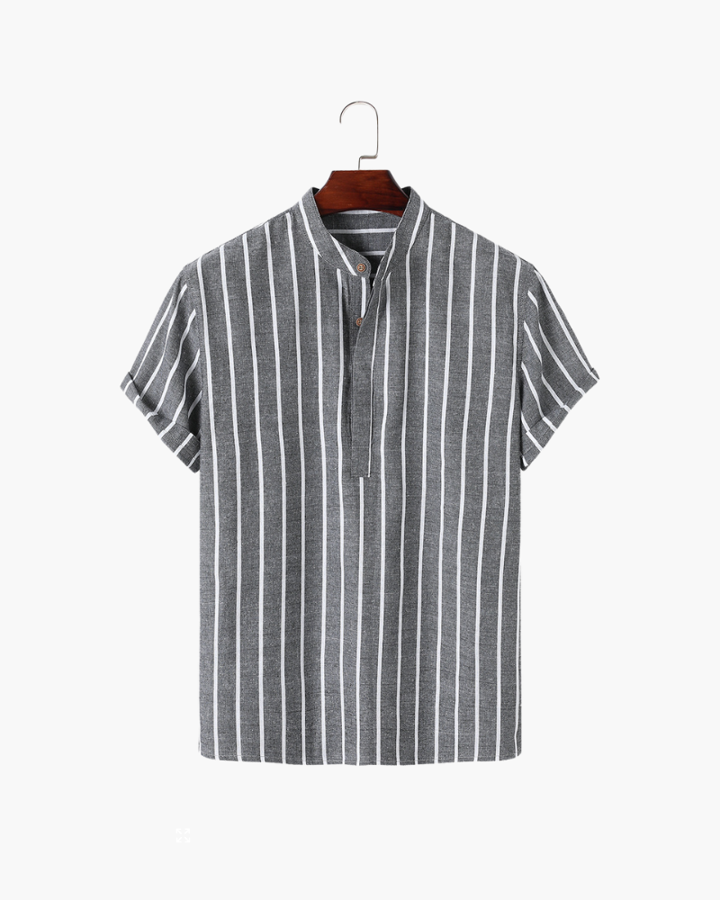 Men's Striped Band Collar Polo Shirt with Short Sleeves - Grey