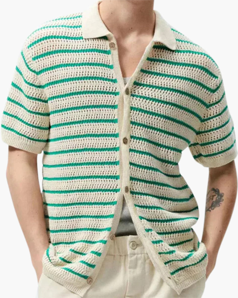 Men's Striped Crochet Knit Shirt with Short Sleeves and Buttons