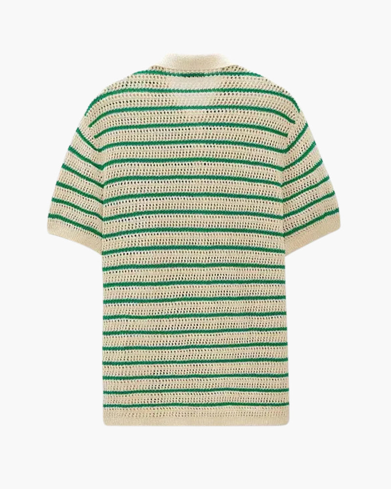 Men's Striped Crochet Knit Shirt with Short Sleeves and Buttons