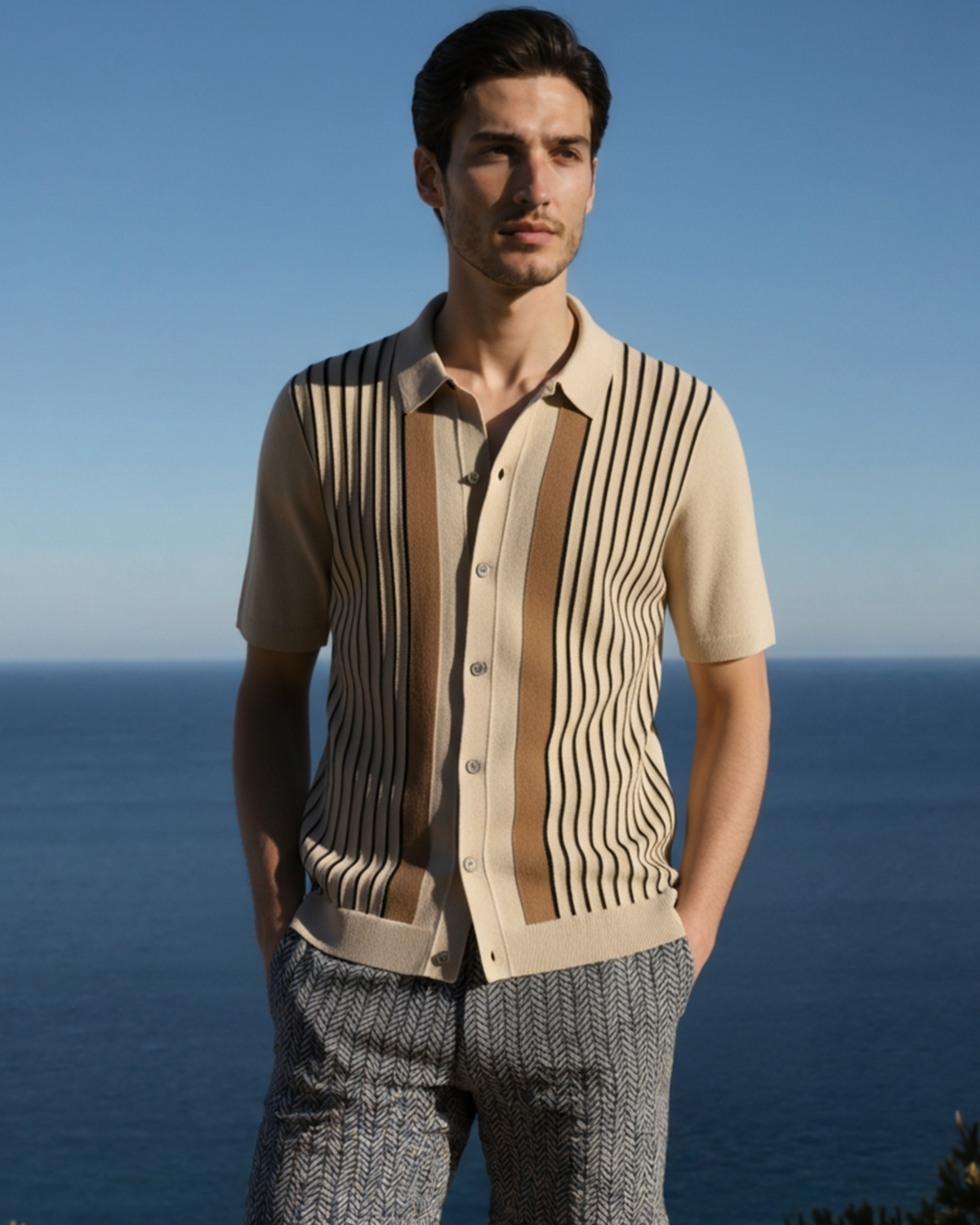Men's Striped Knit Button-Through Polo with Short Sleeves