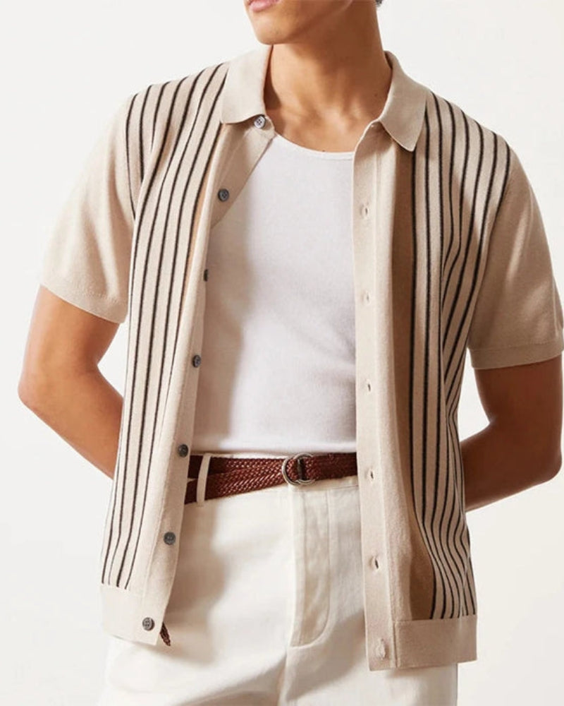 Men's Striped Knit Button-Through Polo with Short Sleeves