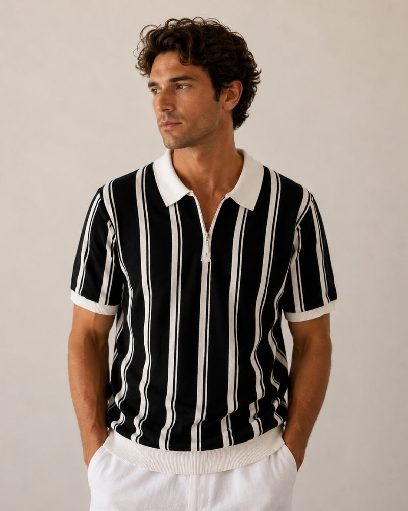 Men's Striped Knit Polo with Half-Zip and Contrast Collar