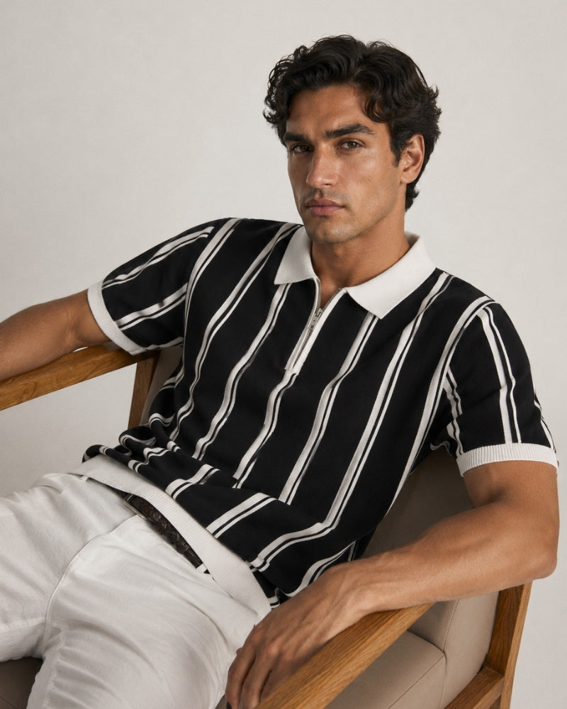 Men's Striped Knit Polo with Half-Zip and Contrast Collar