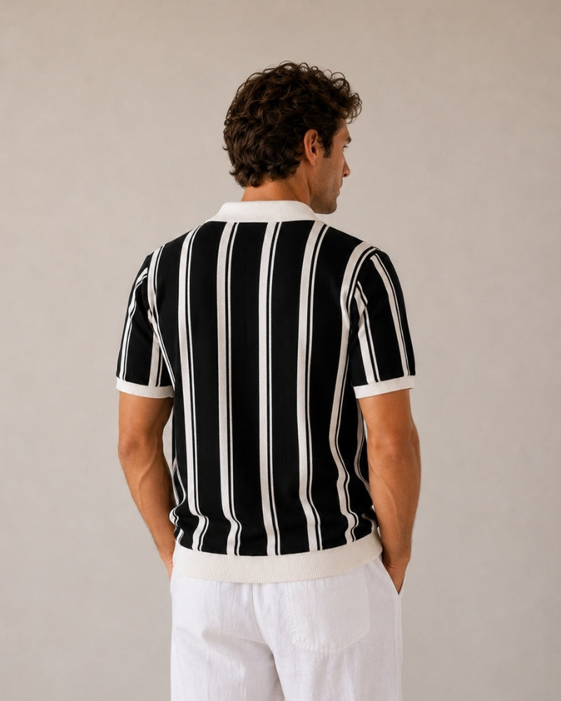 Men's Striped Knit Polo with Half-Zip and Contrast Collar