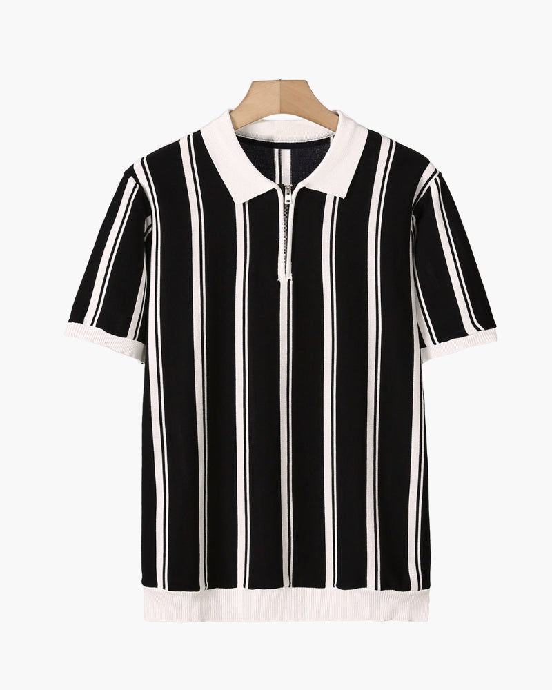 Men's Striped Knit Polo with Half-Zip and Contrast Collar - Black