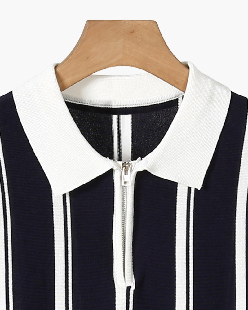 Men's Striped Knit Polo with Half-Zip and Contrast Collar
