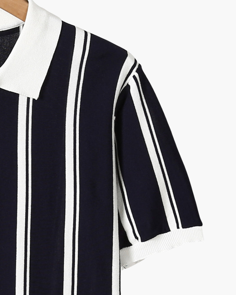 Men's Striped Knit Polo with Half-Zip and Contrast Collar