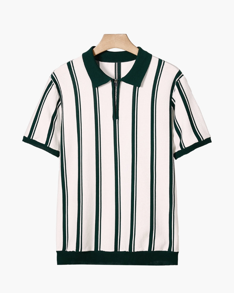 Men's Striped Knit Polo with Half-Zip and Contrast Collar - Green