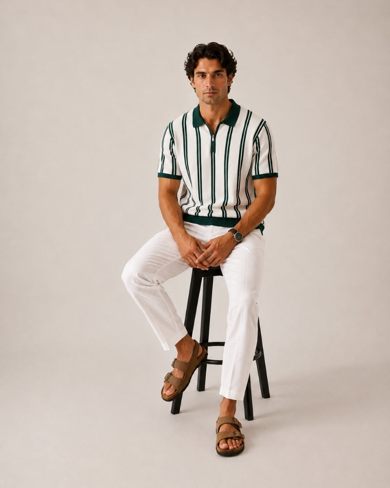Men's Striped Knit Polo with Half-Zip and Contrast Collar