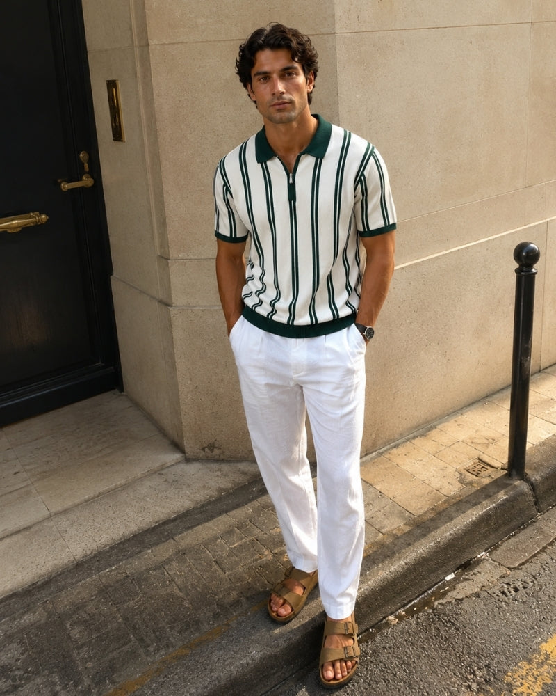 Men's Striped Knit Polo with Half-Zip and Contrast Collar
