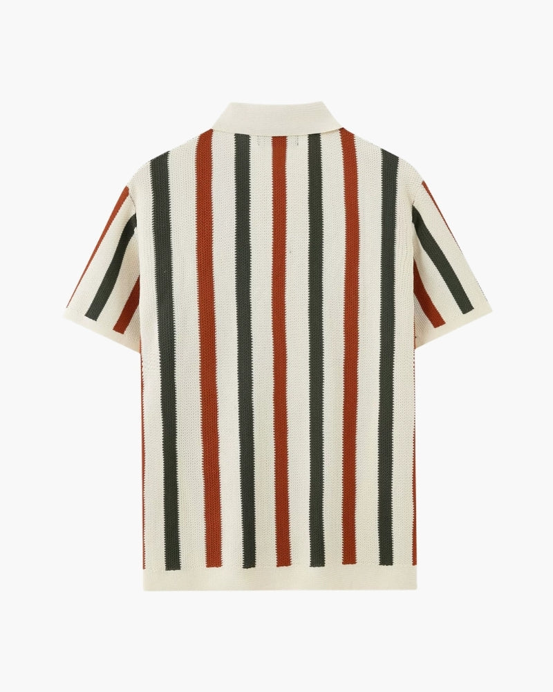 Men's Striped Knit Polo with Open Collar and Textured Weave