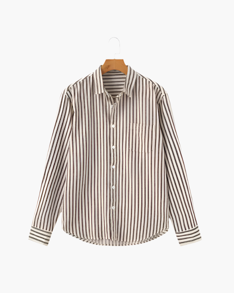Men's Striped Long Sleeve Shirt with Spread Collar - Brown