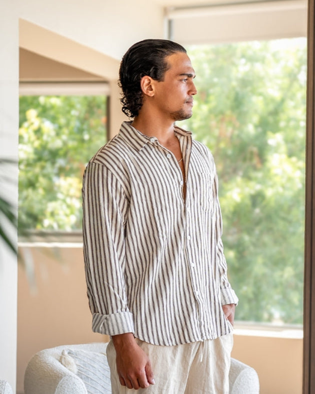 Men's Striped Long Sleeve Shirt with Spread Collar