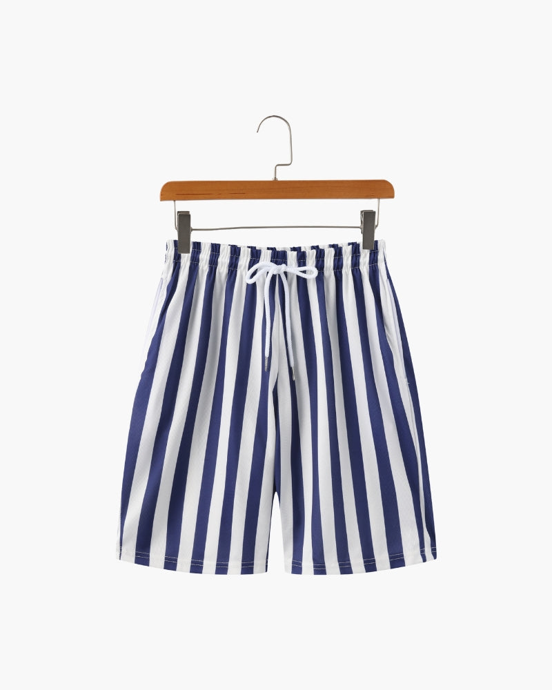 Men's Striped Swim Shorts with Drawstring Waist - White