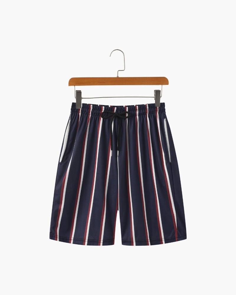 Men's Striped Swim Shorts with Drawstring Waist - Black