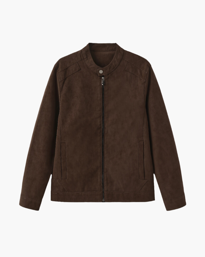 Men's Suede Jacket with Stand Collar and Front Zip - Brown