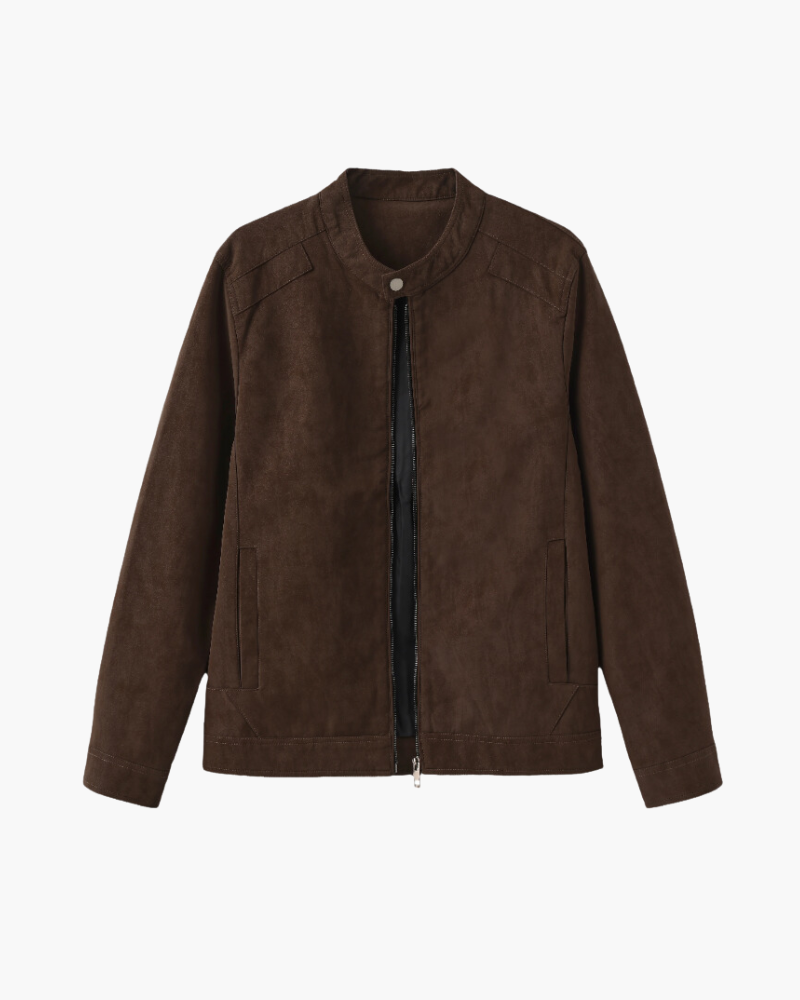 Men's Suede Jacket with Stand Collar and Front Zip