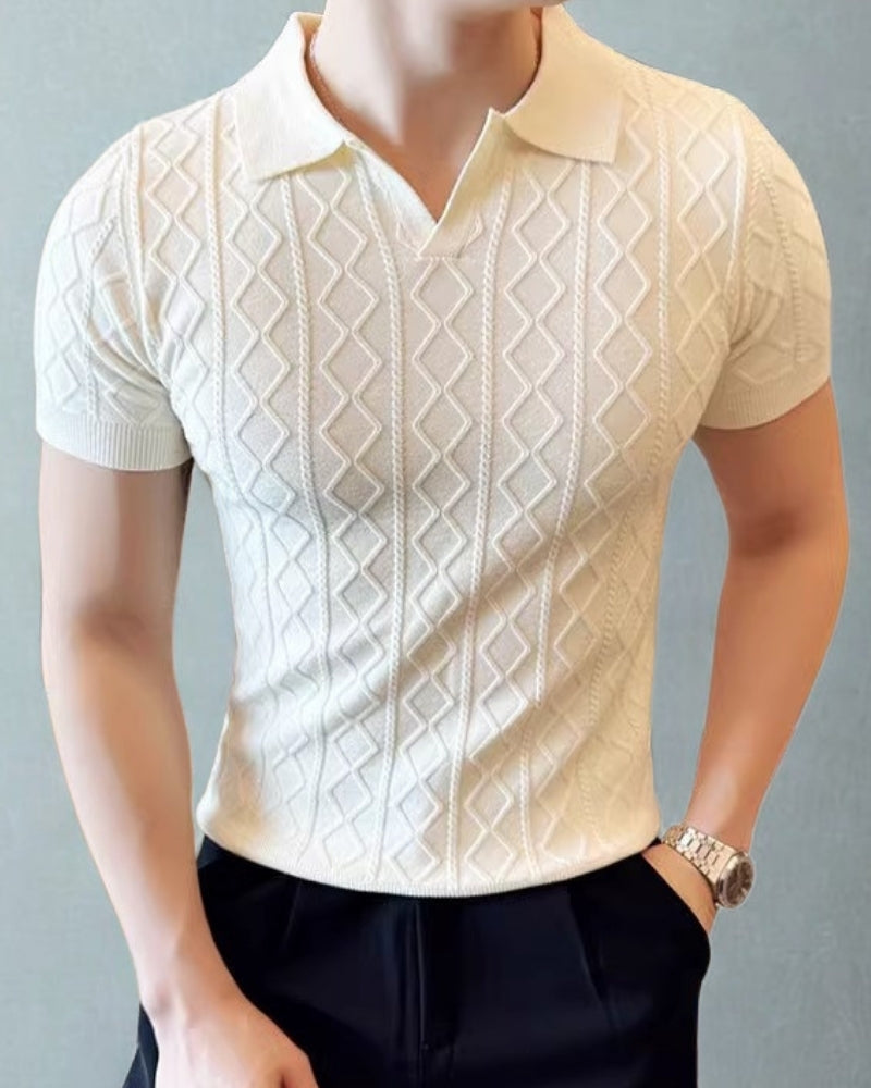 Men's Textured Knit Polo with Diamond Pattern and Short Sleeves - White