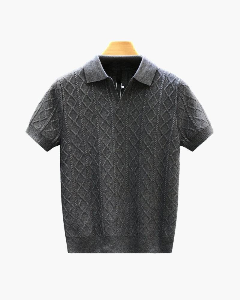 Men's Textured Knit Polo with Diamond Pattern and Short Sleeves - Grey