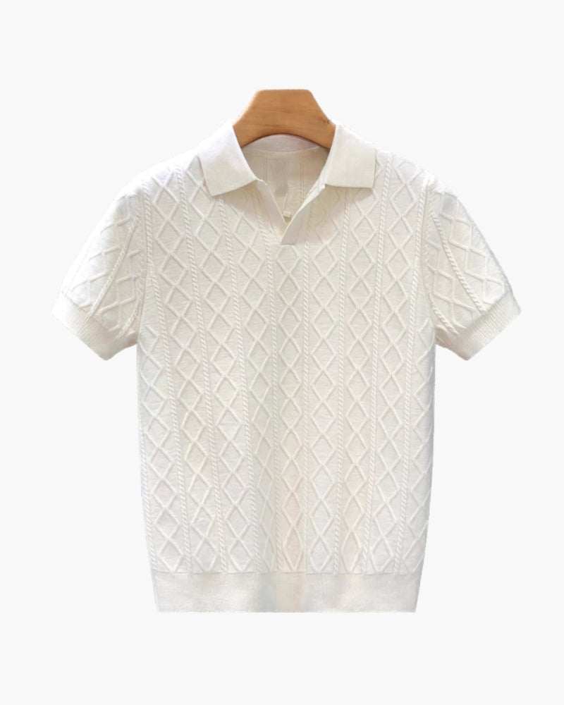 Men's Textured Knit Polo with Diamond Pattern and Short Sleeves