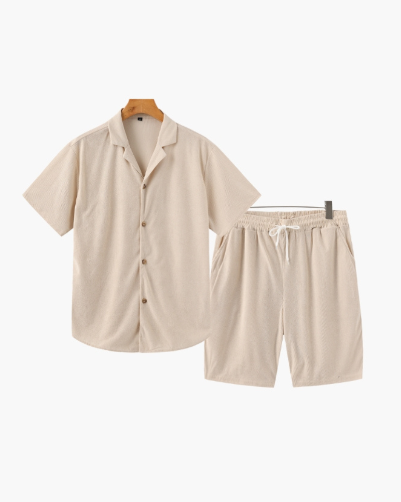 Men's Two-Piece Set with Camp Collar Shirt and Drawstring Shorts - Beige