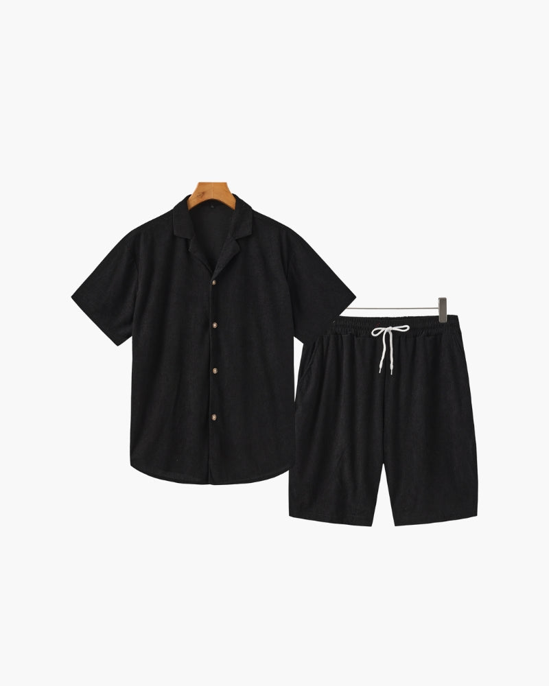 Men's Two-Piece Set with Camp Collar Shirt and Drawstring Shorts - Black