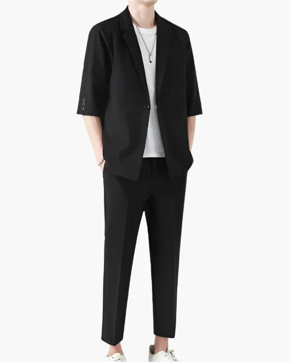 Men's Two-Piece Set with Short Sleeve Blazer and Cropped Trousers - Black