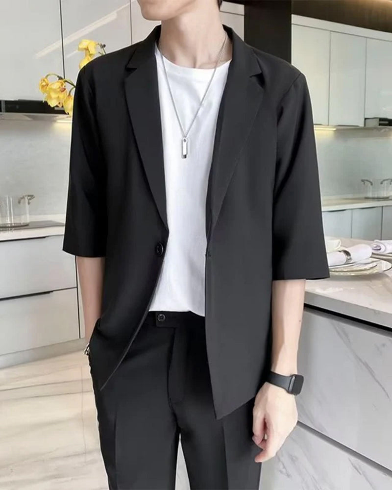 Men's Two-Piece Set with Short Sleeve Blazer and Cropped Trousers