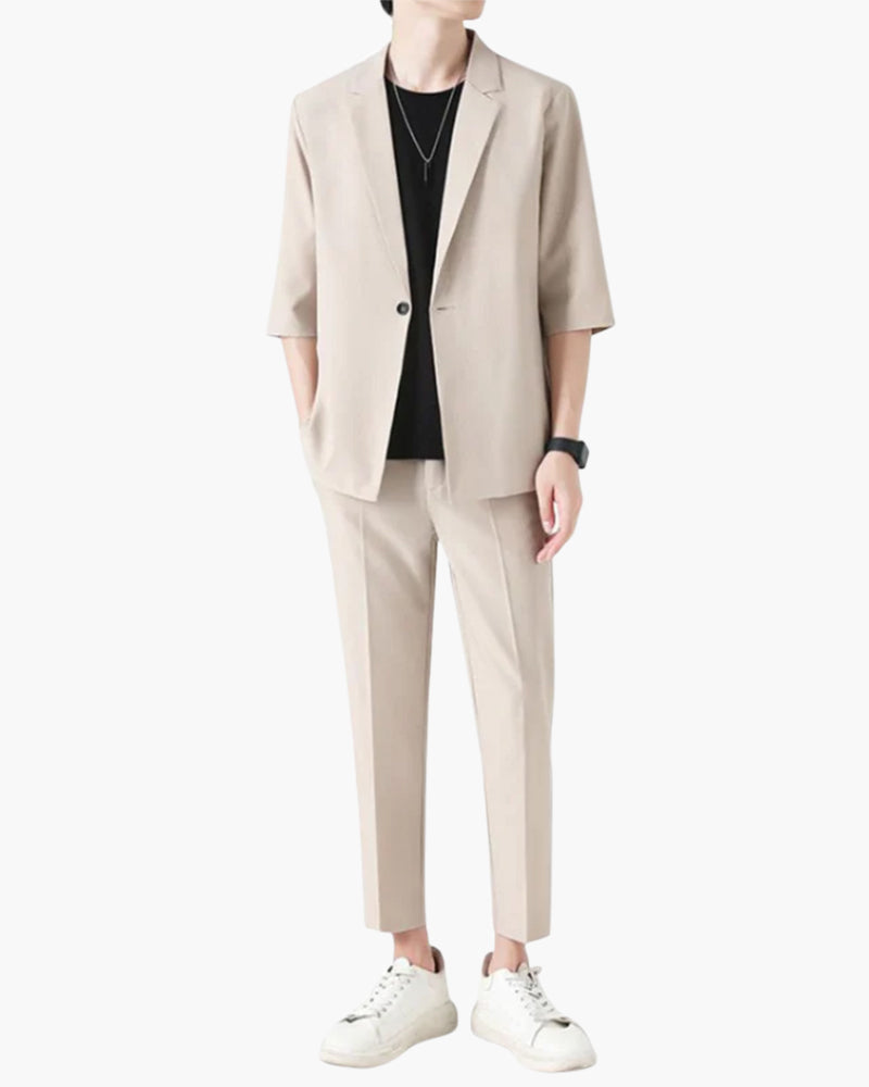 Men's Two-Piece Set with Short Sleeve Blazer and Cropped Trousers - Beige