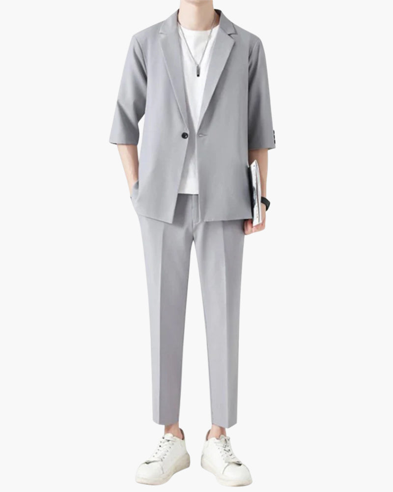 Men's Two-Piece Set with Short Sleeve Blazer and Cropped Trousers - Grey