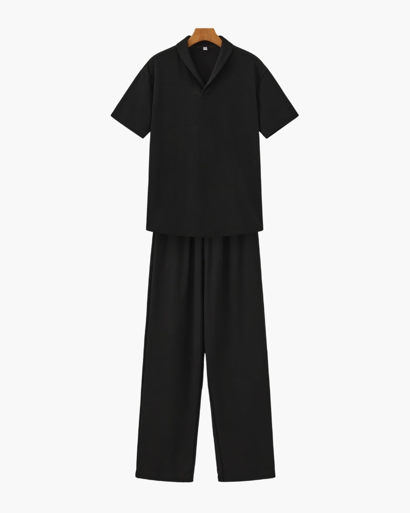 Men's Two-Piece Set with Short Sleeve Polo and Wide Leg Trousers - Black