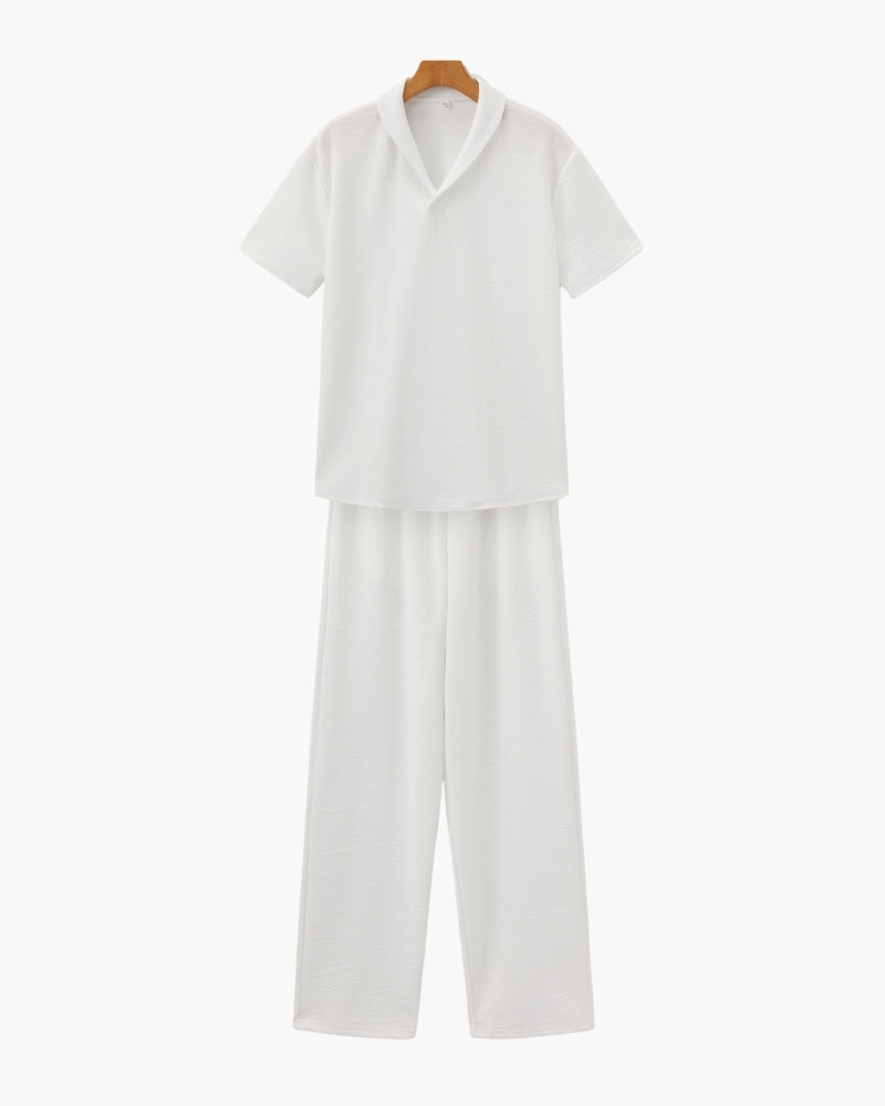 Men's Two-Piece Set with Short Sleeve Polo and Wide Leg Trousers - White
