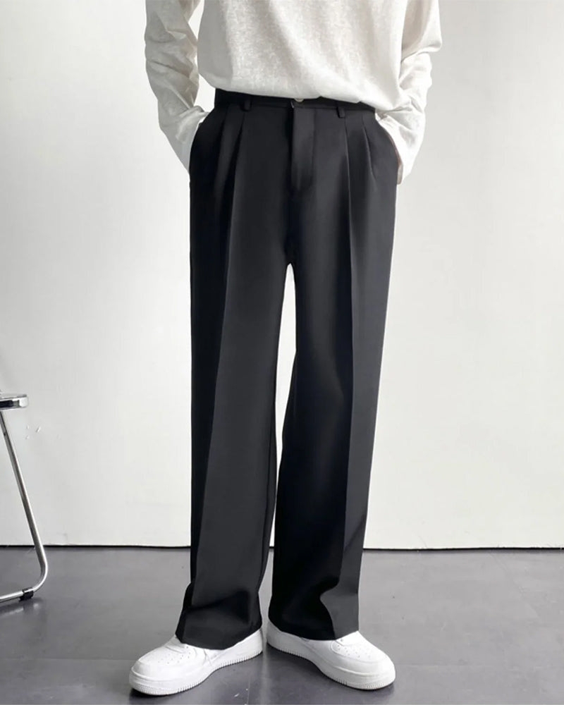 Men's Wide Leg Pleated Trousers with Elastic Waist