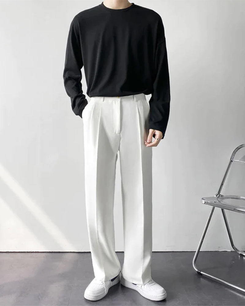 Men's Wide Leg Pleated Trousers with Elastic Waist