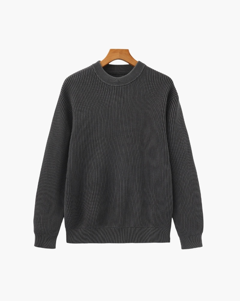 Men's Wool Blend Rib Knit Crew Neck Jumper with Ribbed Cuffs - Grey