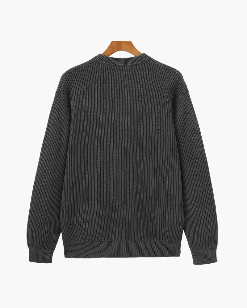 Men's Wool Blend Rib Knit Crew Neck Jumper with Ribbed Cuffs