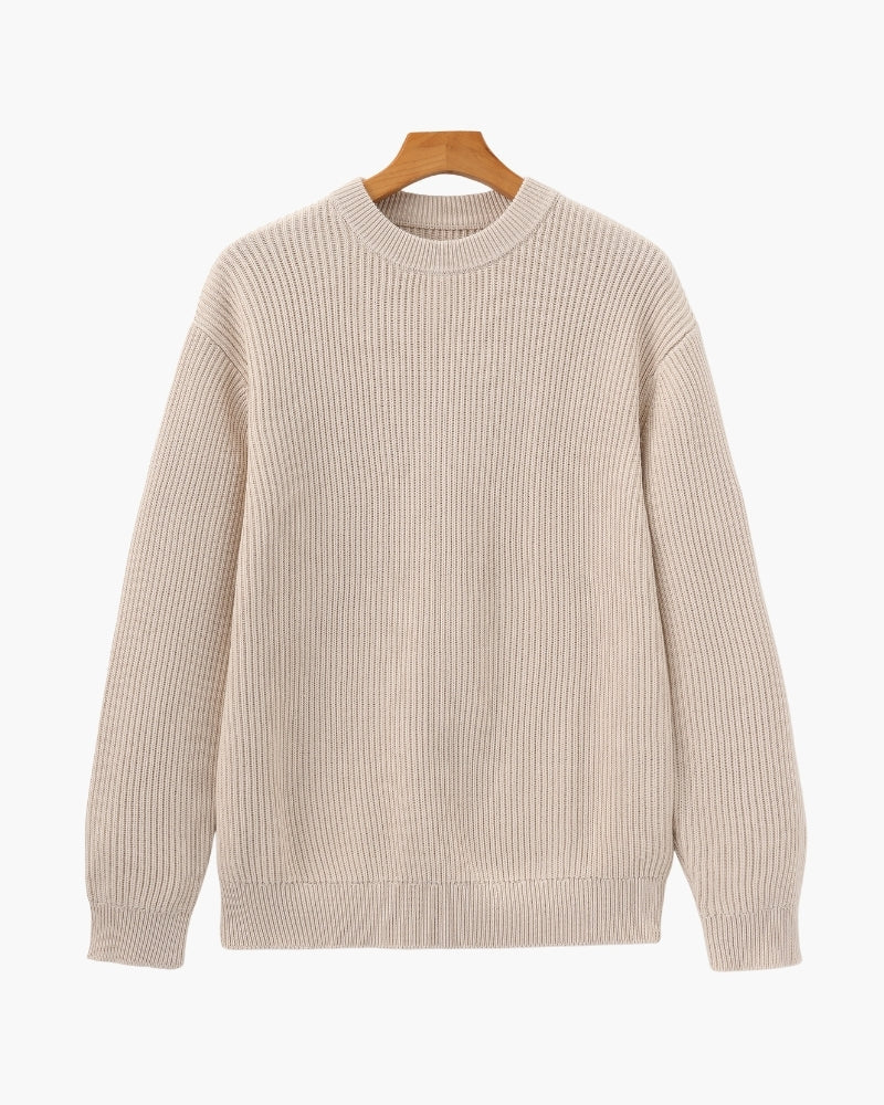 Men's Wool Blend Rib Knit Crew Neck Jumper with Ribbed Cuffs - Beige