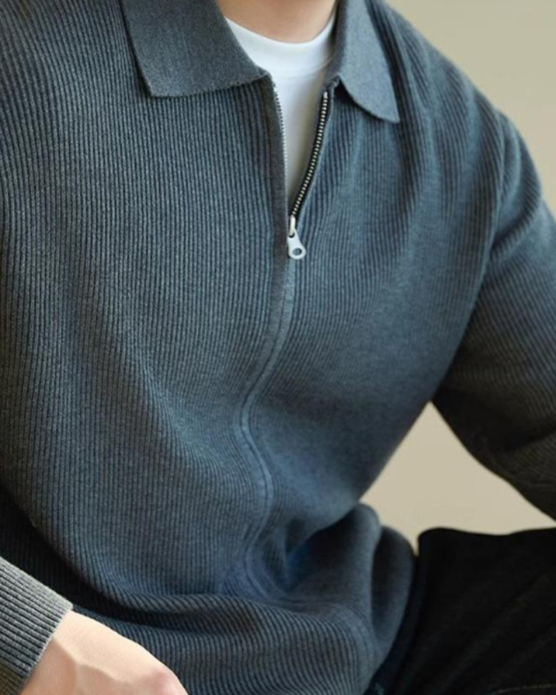 Men's Wool Full-Zip Knit Jacket with Flat Polo Collar