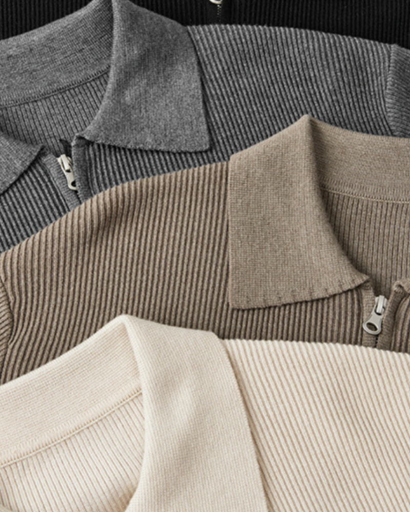 Men's Wool Full-Zip Knit Jacket with Flat Polo Collar