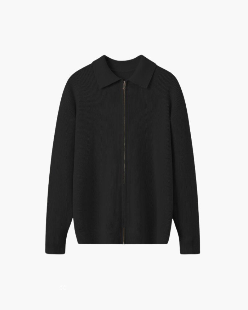 Men's Wool Full-Zip Knit Jacket with Flat Polo Collar - Black