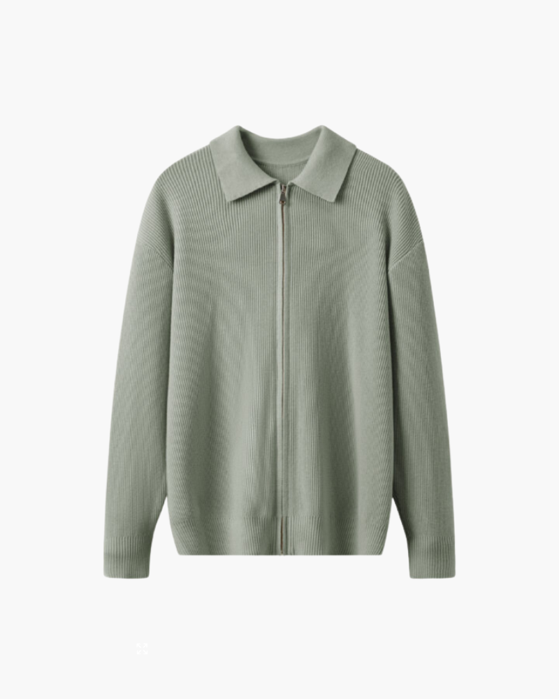 Men's Wool Full-Zip Knit Jacket with Flat Polo Collar - Green