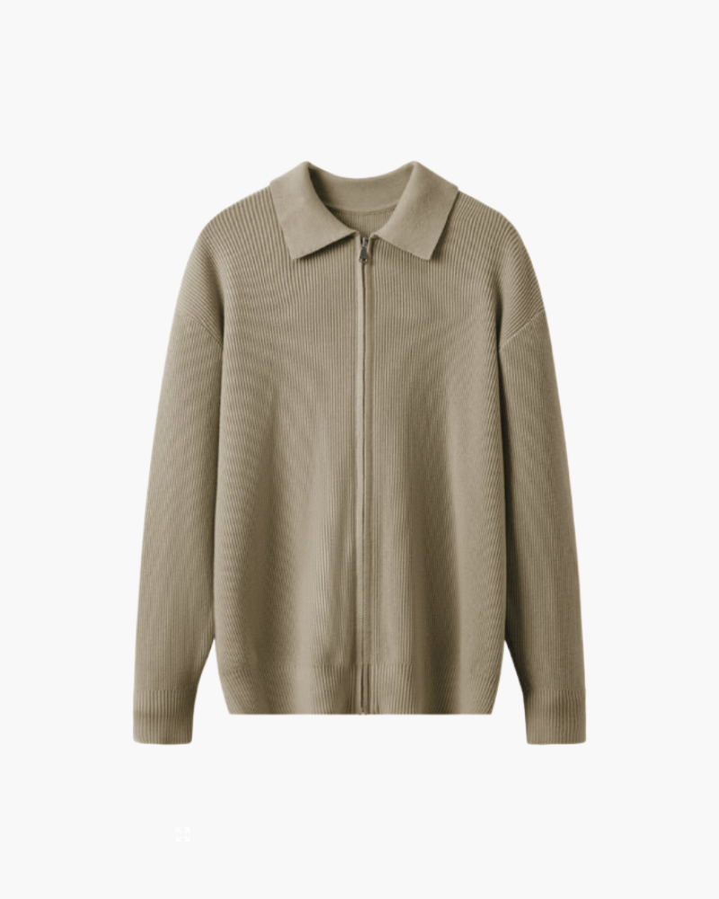 Men's Wool Full-Zip Knit Jacket with Flat Polo Collar - Beige