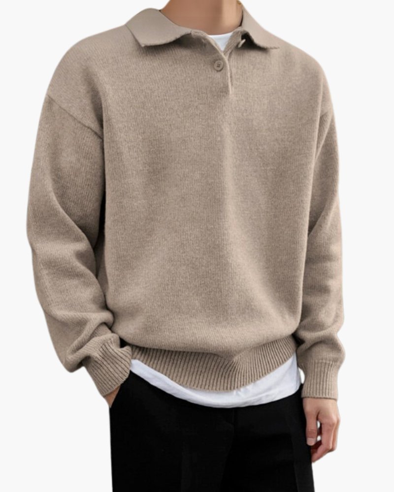 Men's Wool Knit Polo Jumper with Button Placket and Dropped Shoulder - Beige