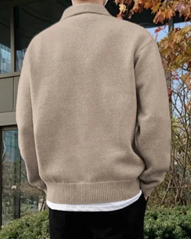 Men's Wool Knit Polo Jumper with Button Placket and Dropped Shoulder
