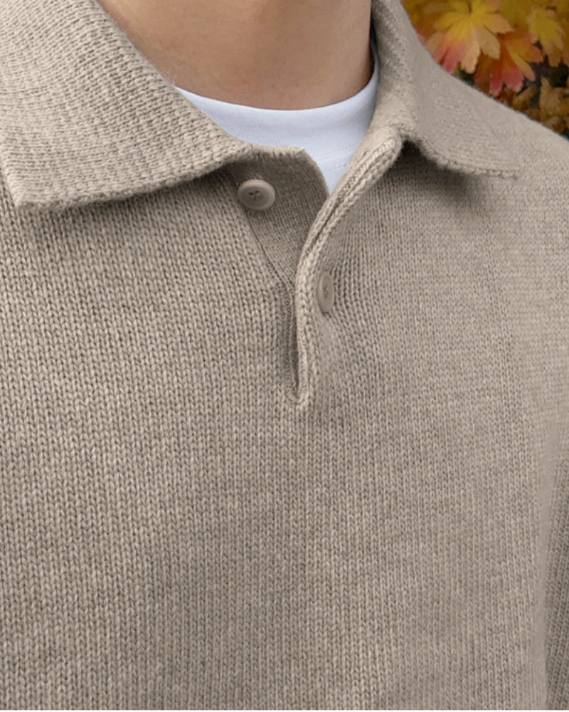 Men's Wool Knit Polo Jumper with Button Placket and Dropped Shoulder