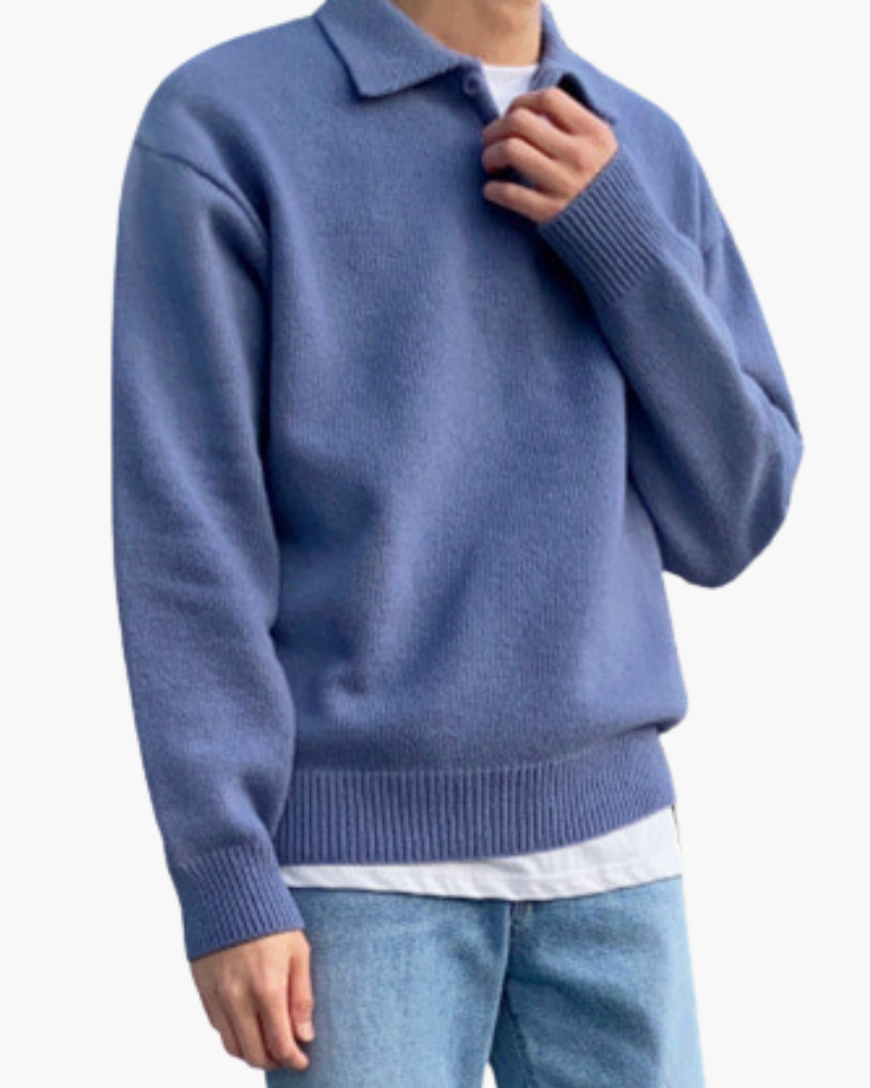 Men's Wool Knit Polo Jumper with Button Placket and Dropped Shoulder